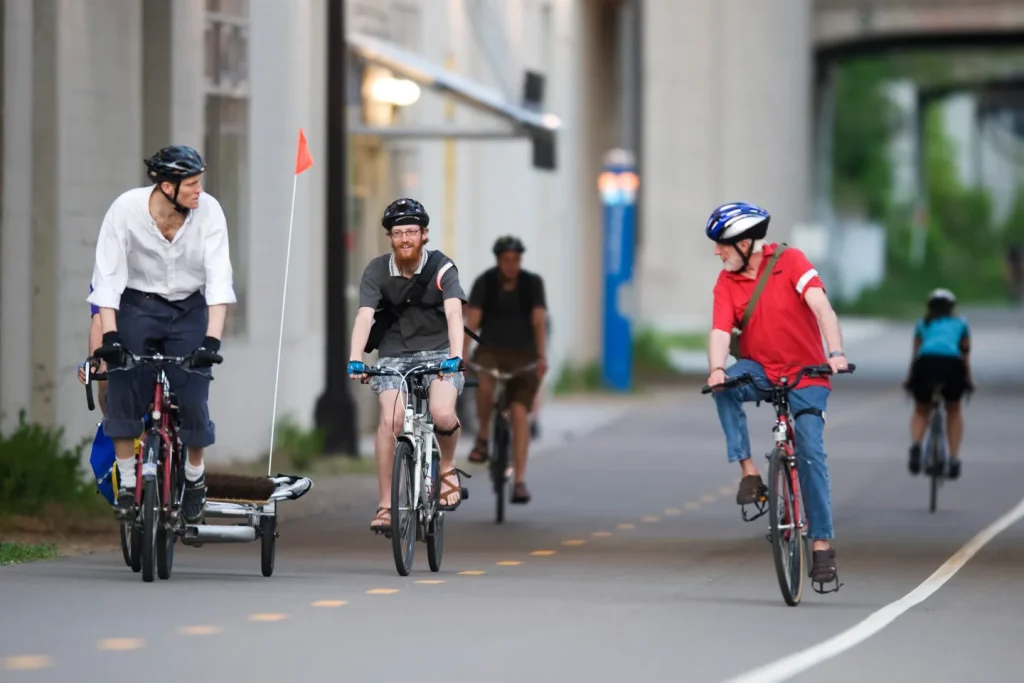 people riding a bike in town