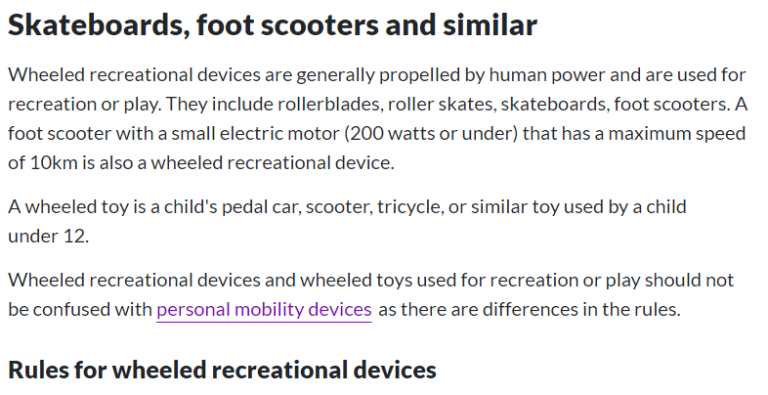 Image of the rules for wheeled recreational devices, including skateboards, foot scooters, and similar.